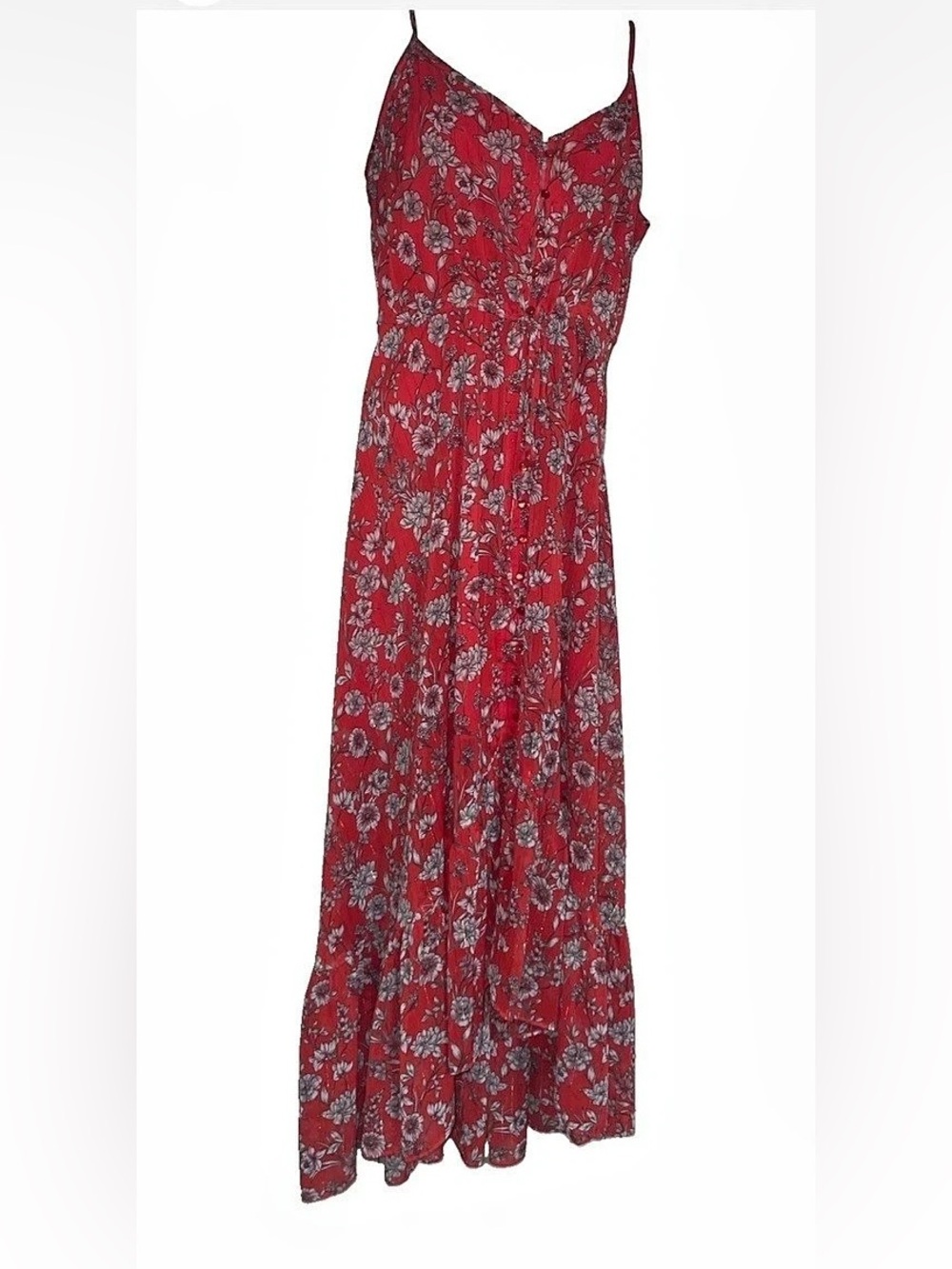 Nanette Lepore Red Floral Maxi Dress Spaghetti Strap Button Front Ruffle Size 10